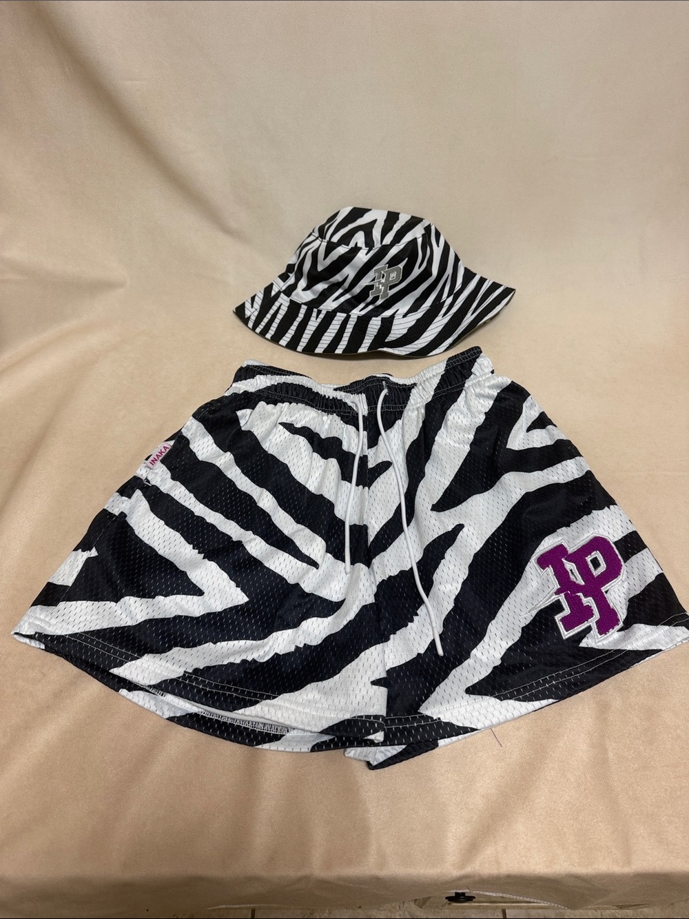 Rare set Inaka Power Zebra Print Mesh Shorts and Bucket Hat